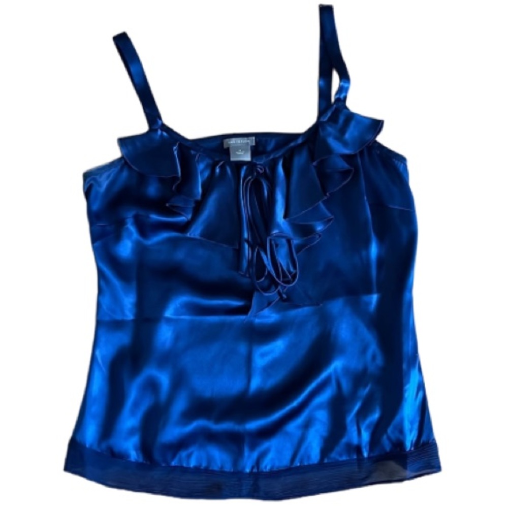 ANN TAYLOR SATIN SILK DRESSY TANK CAMI BLOUSE NAVY BLUE RUFFLED FRONT SIZE 0